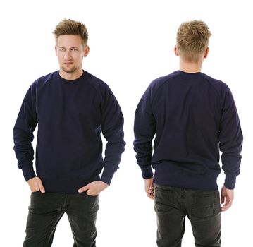 Photo of a man wearing blank dark purple sweatshirt, front and back. Ready for your design or artwork.