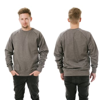 Photo of a man wearing blank grey sweatshirt, front and back. Ready for your design or artwork.