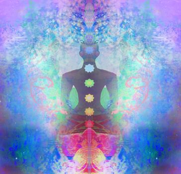 Yoga lotus pose. Padmasana with colored chakra points.