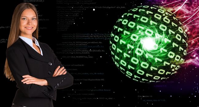 Businesswoman in a suit. Spheres of glowing digits on background