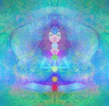 Yoga lotus pose. Padmasana with colored chakra points.