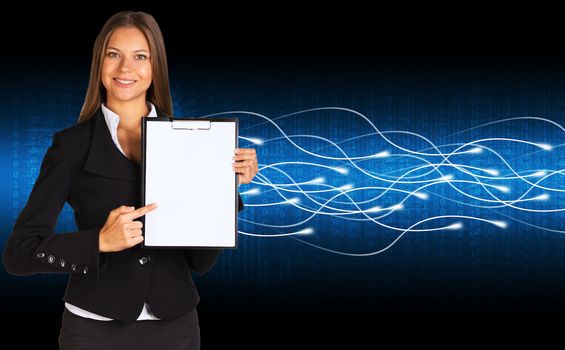 Businesswoman holding paper holder in his hands. Glow rays as backdrop