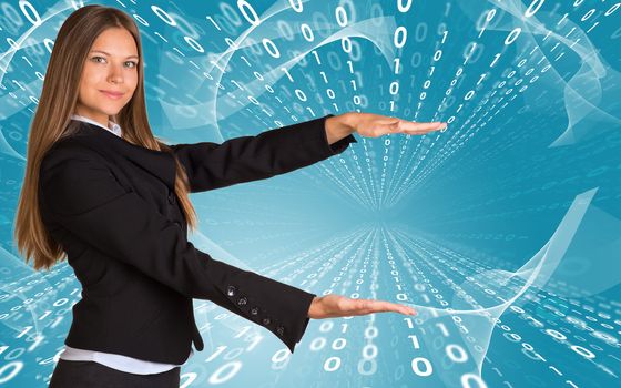 Businesswomen hold empty copy space. Glow figures as backdrop