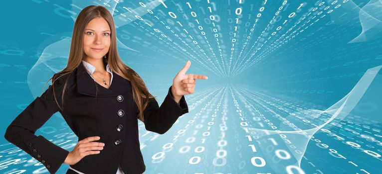 Businesswomen pointing to empty copy space. Glow figures as backdrop