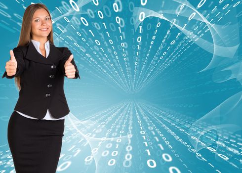 Businesswomen showing thumb up. Glow figures as backdrop