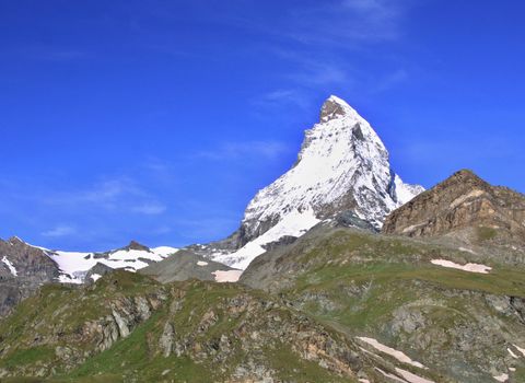 Amazing view of tourist trail near the Matterhorn in the Swiss Alps 