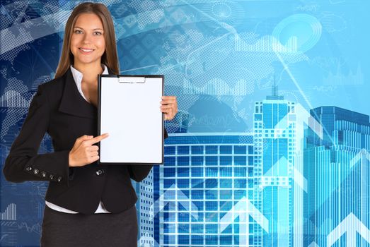 Businesswoman holding paper holder in his hands. Skyscrapers and arrows as backdrop