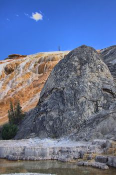 Colorful limestone travertine deposits at mammoth Hot Springs in Yellowstone National Park. 