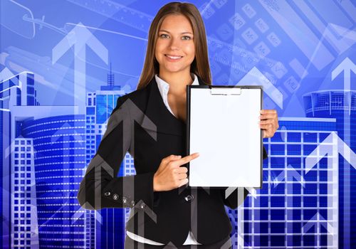 Businesswoman holding paper holder in his hands. Skyscrapers and arrows as backdrop