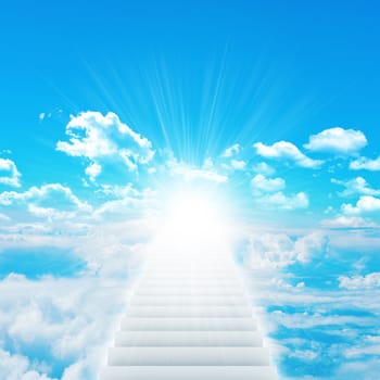 Stairs in sky with clouds and sun. Concept background