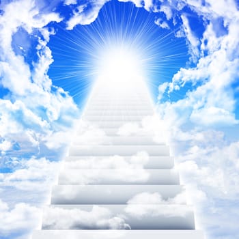 Stairs in sky with clouds and sun. Concept background