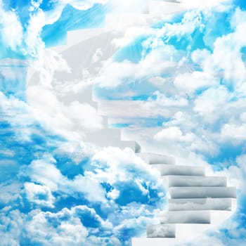 Spiral stairs in sky with clouds and sun. Concept background