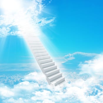 Stairs in sky with clouds and sun. Concept background