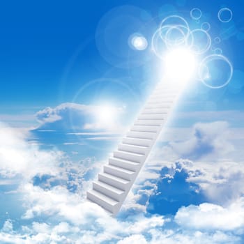 Stairs in sky with clouds and sun. Concept background