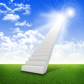 Stairs in sky with green grass, clouds and sun. Concept background