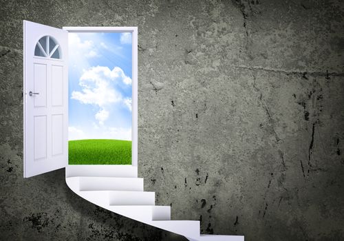 Spiral stairs and magic doors leading to a landscape