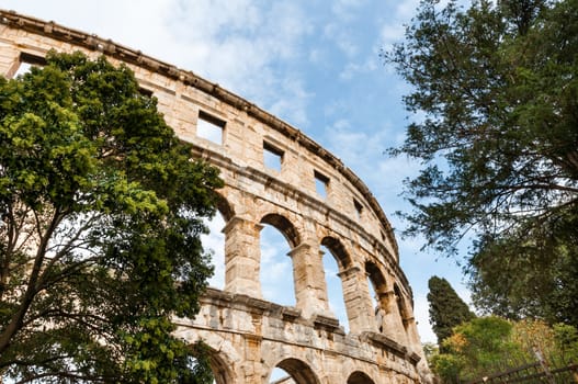 Roman Colosseum in Pula, Croatia. It was constructed in 27 BC - 68 AD and is among six largest surviving Roman arenas in the World. Pula Arena is best preserved ancient monument in Croatia.