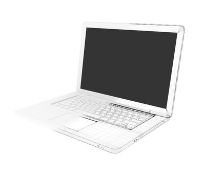 Half of the laptop - wire-frame. Isolated render on a white background