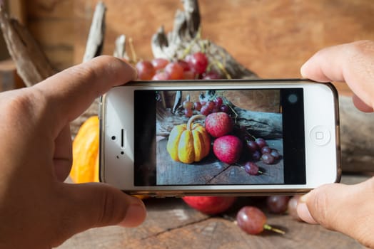 Take photograph by smartphone red apples and grapes and pumpkin on old wood.