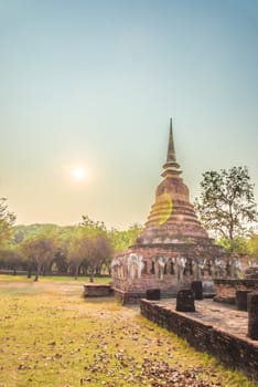 Sukhothai ruin old city country Thailand on sunset.