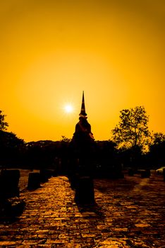 Silhouette Sukhothai ruin old city country Thailand on sunset.