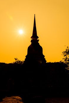 Silhouette Sukhothai ruin old city country Thailand on sunset.