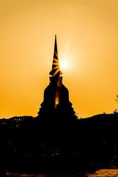 Silhouette Sukhothai ruin old city country Thailand on sunset.