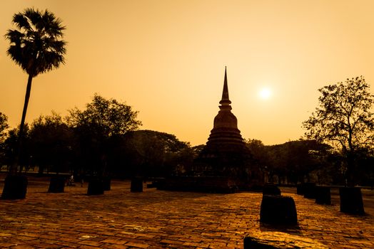 Silhouette Sukhothai ruin old city country Thailand on sunset.