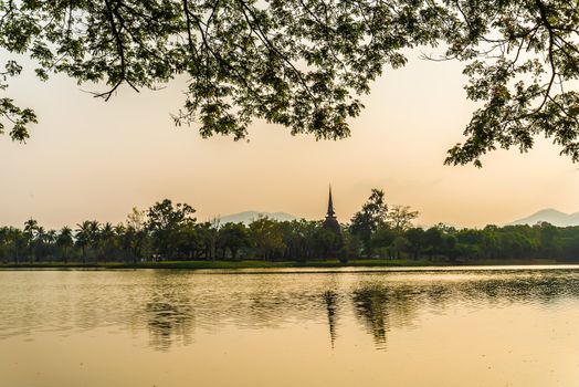 sunset at Sukhothai ruin old city country Thailand