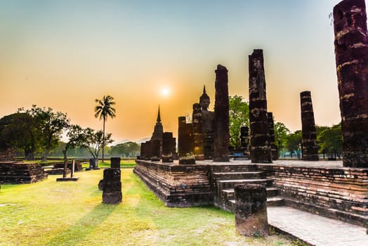 sunset at Sukhothai ruin old city country Thailand