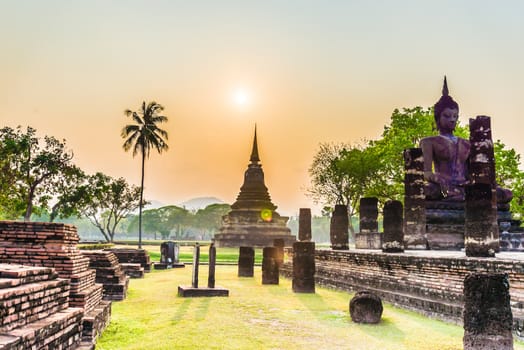 sunset at Sukhothai ruin old city country Thailand