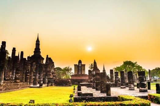 sunset at Sukhothai ruin old city country Thailand