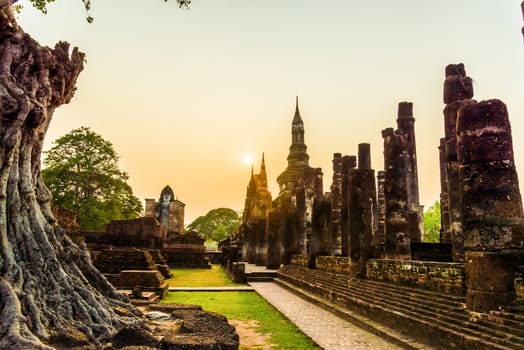 sunset at Sukhothai ruin old city country Thailand