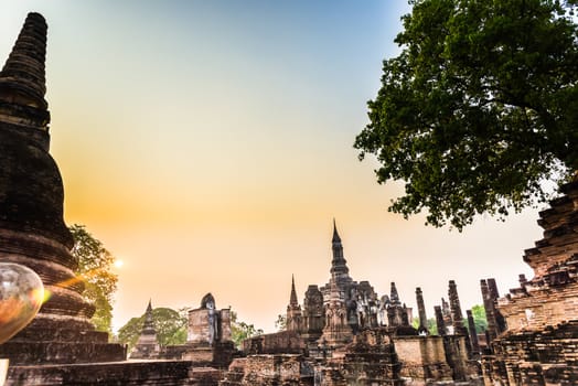 sunset at Sukhothai ruin old city country Thailand