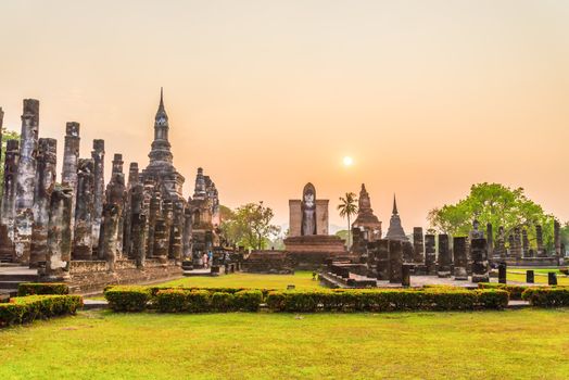 sunset at Sukhothai ruin old city country Thailand