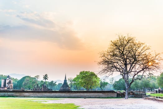 sunset at Sukhothai ruin old city country Thailand