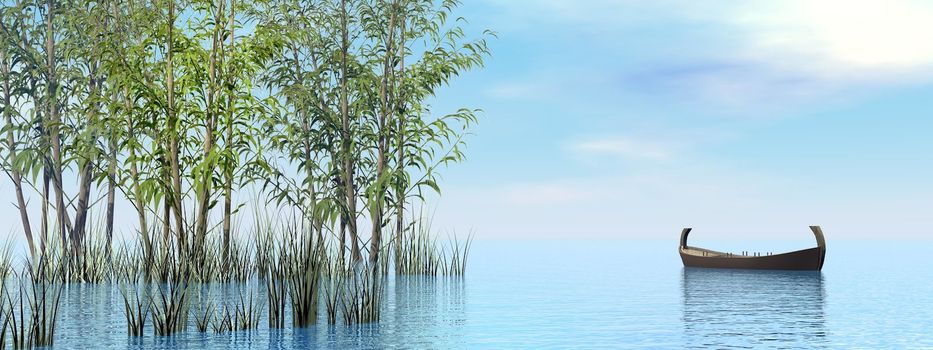 Little wood boat floating on the water next to bamboos by day - 3D render