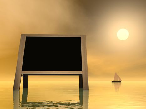 Blank blackboard for message upon water with sailing boat in the background by sunset - 3D render