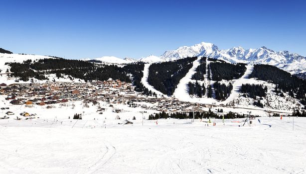 Mont-blanc in winter, alpine mountains, view from Les saisies, France