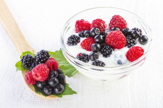 Yogurt with forest berries in bowl on white wooden background