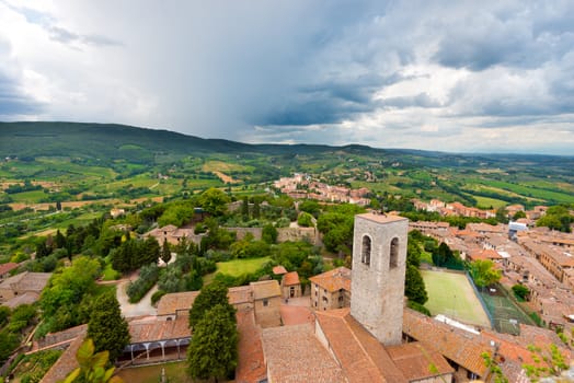 Aerial view of San Gimignano, medieval town (UNESCO heritage), from the Torre Grossa of the Palazzo Comunale, Siena, Tuscany, Italy