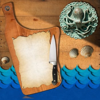 Cutting board on a wooden wall with parchment, kitchen knife, stylized waves and octopus, template for recipes or seafood menu