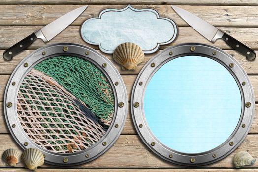 Two metal portholes with fishing net, kitchen knife, empty label and seashells, template for recipes or seafood menu