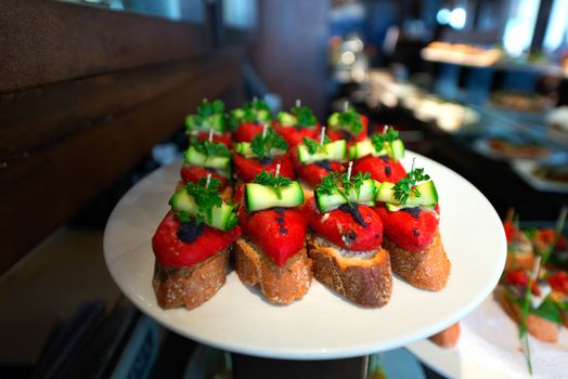 Plate of tapas (small appetizer) in a restaurant in the center of the city of Barcelona, Catalonia, Spain