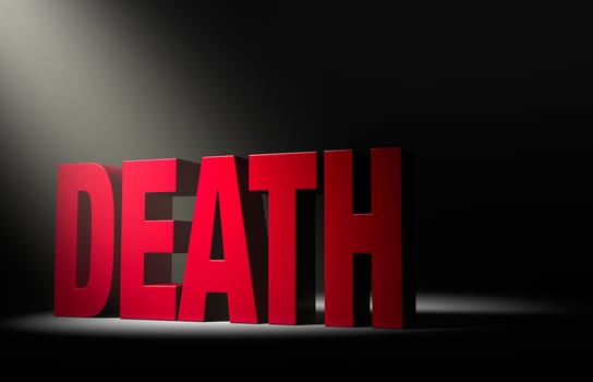 A single, angled spotlight reveals a red "DEATH" on a dark background.
