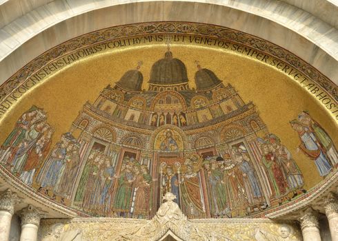 Detail of Frescoes on the front of Basilica of Saint Mark in Venice, Italy.
