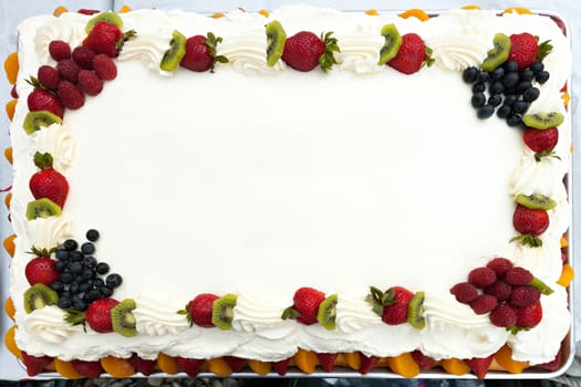 Blank white frosted cake with a fruit border.