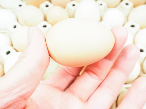 Someone holding a chicken egg over a container of brown and white eggs
