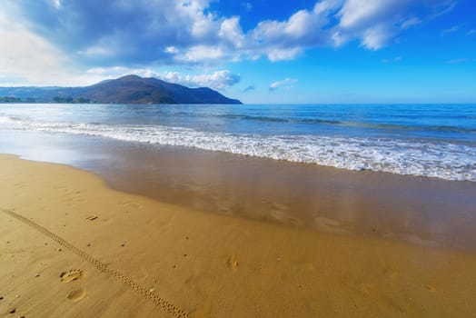 Sandy Beach  With Blue Sky In Georgioupolis, Island Crete, Greece