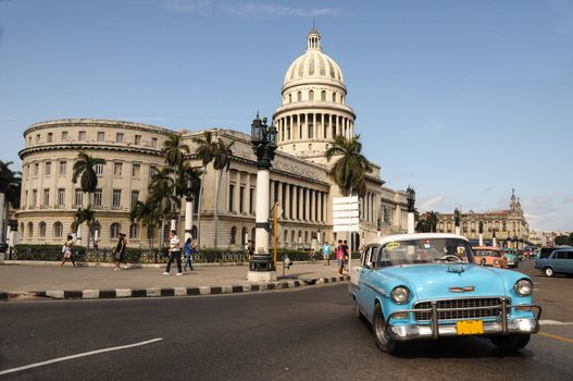 Old american vintage car park on street in Havana Cuba